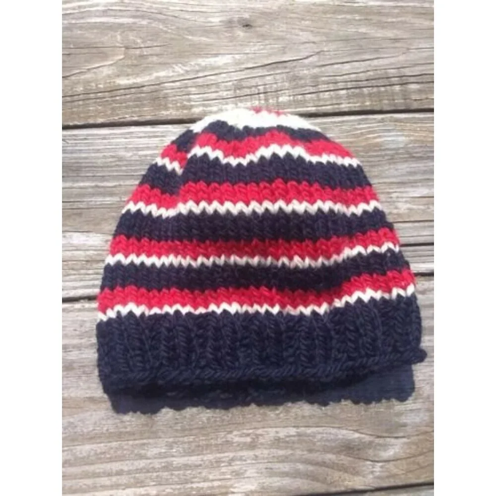 Handmade Mens Beanie Hat Alpaca Wool Cap Soft Chunky Knit Red White Blue USA - Picture 9 of 11
